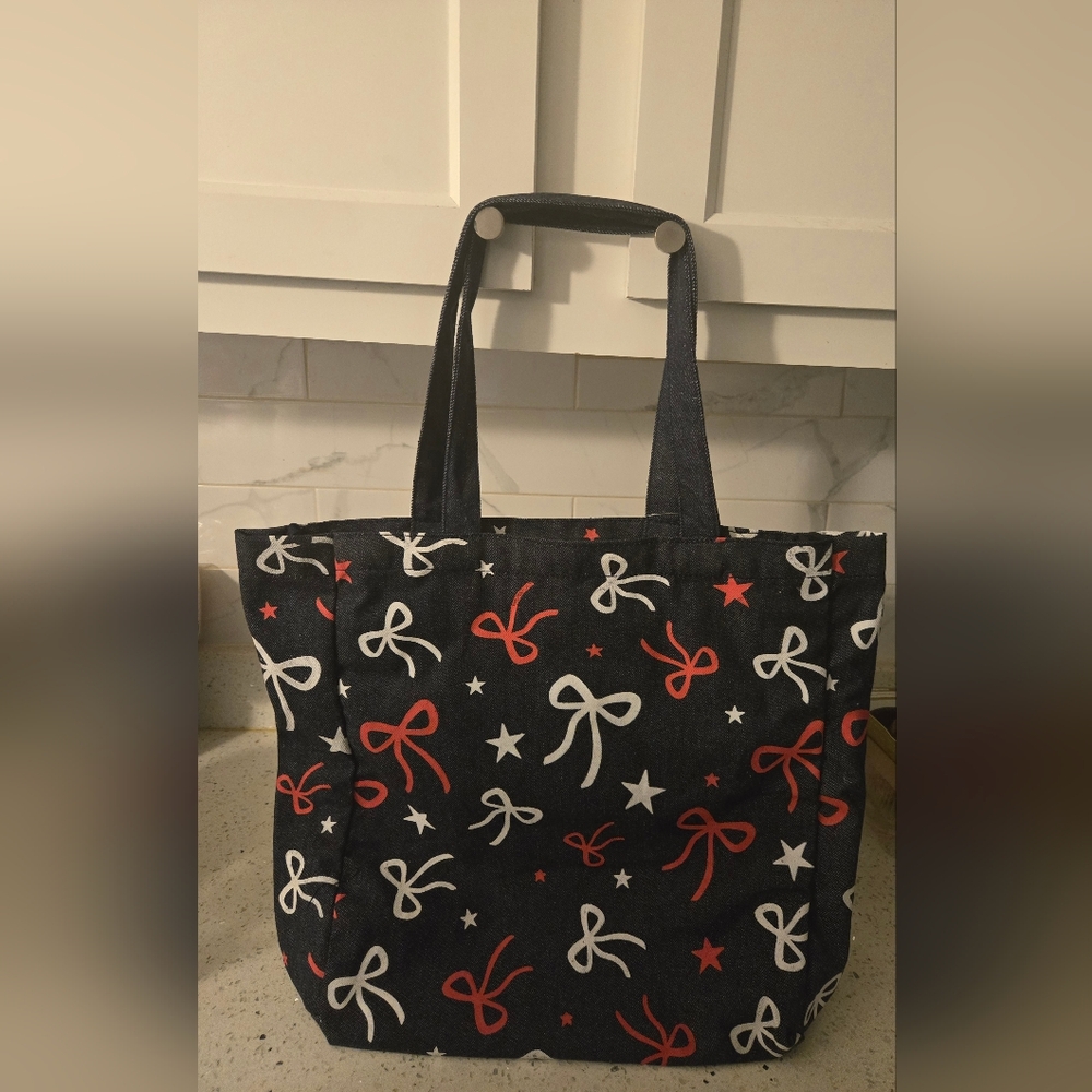 Denim Tote Bag with Red and White Bow Patterns NWT - Picture 2 of 12